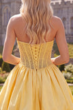 Strapless A Line Corset Yellow Homecoming Dress with Pearls