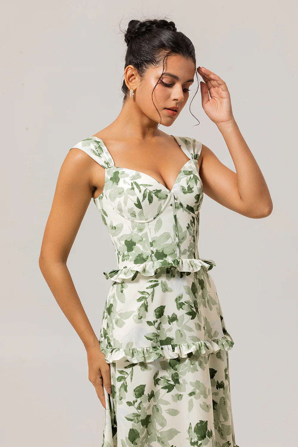 Green Flower A Line Corset Ruffle Long Plus Size Bridesmaid Dress with Lace Up Back