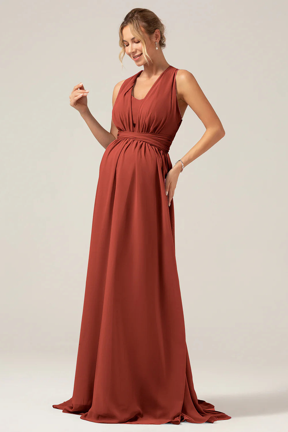 A Line Chiffon Convertible Dusty Blue Long Maternity Bridesmaid Dress