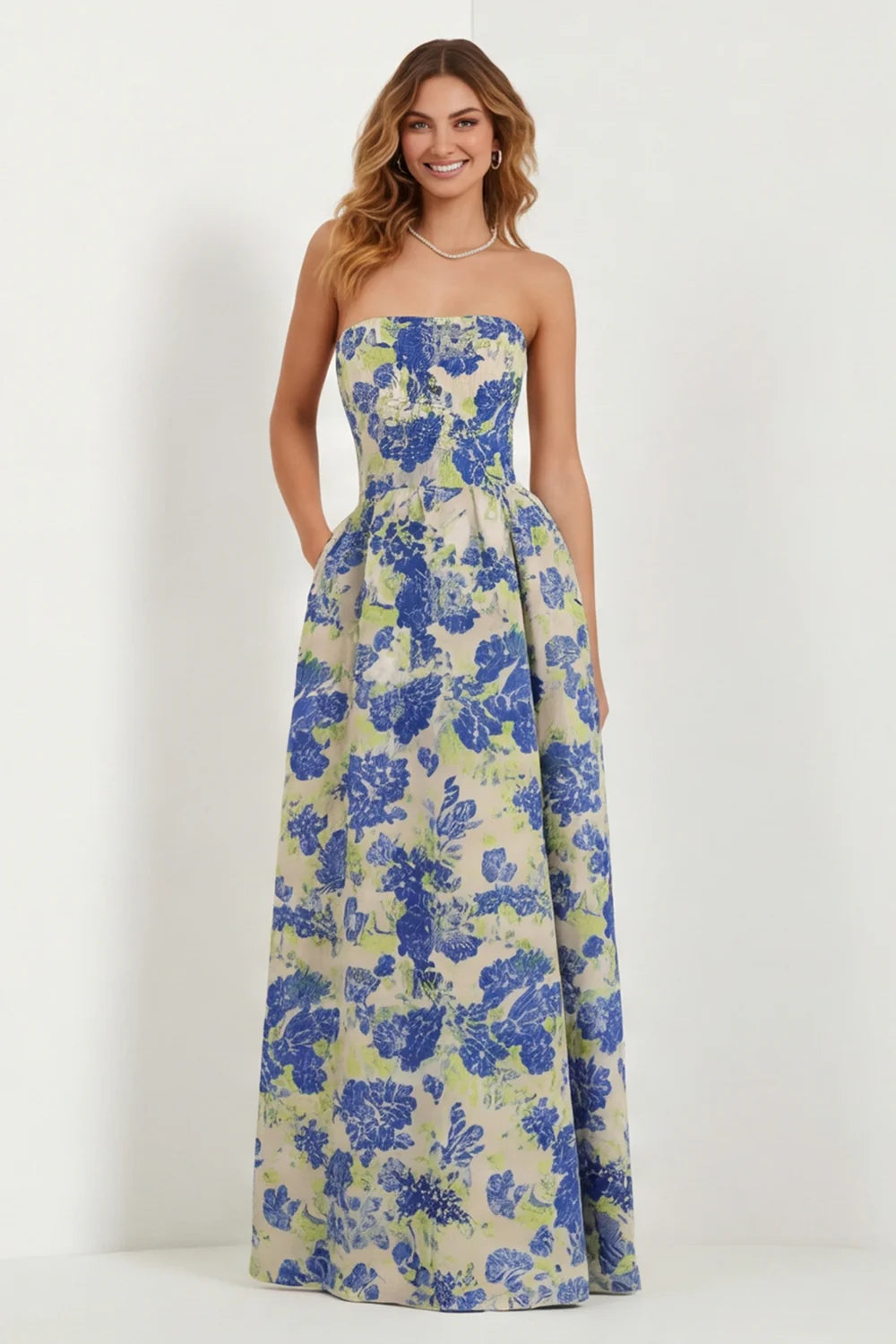 Blue Strapless Print A Line White Floral Long Satin Dress with Pockets