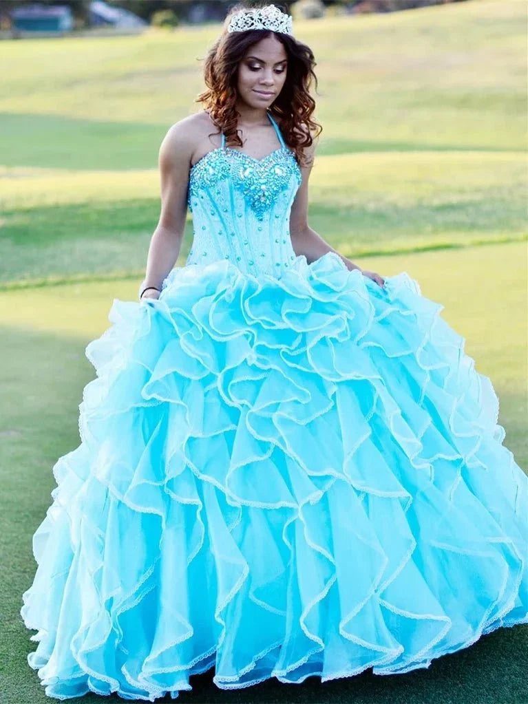 Halter Tulle Ball Gown Quinceanera Dresses With Rhinestones