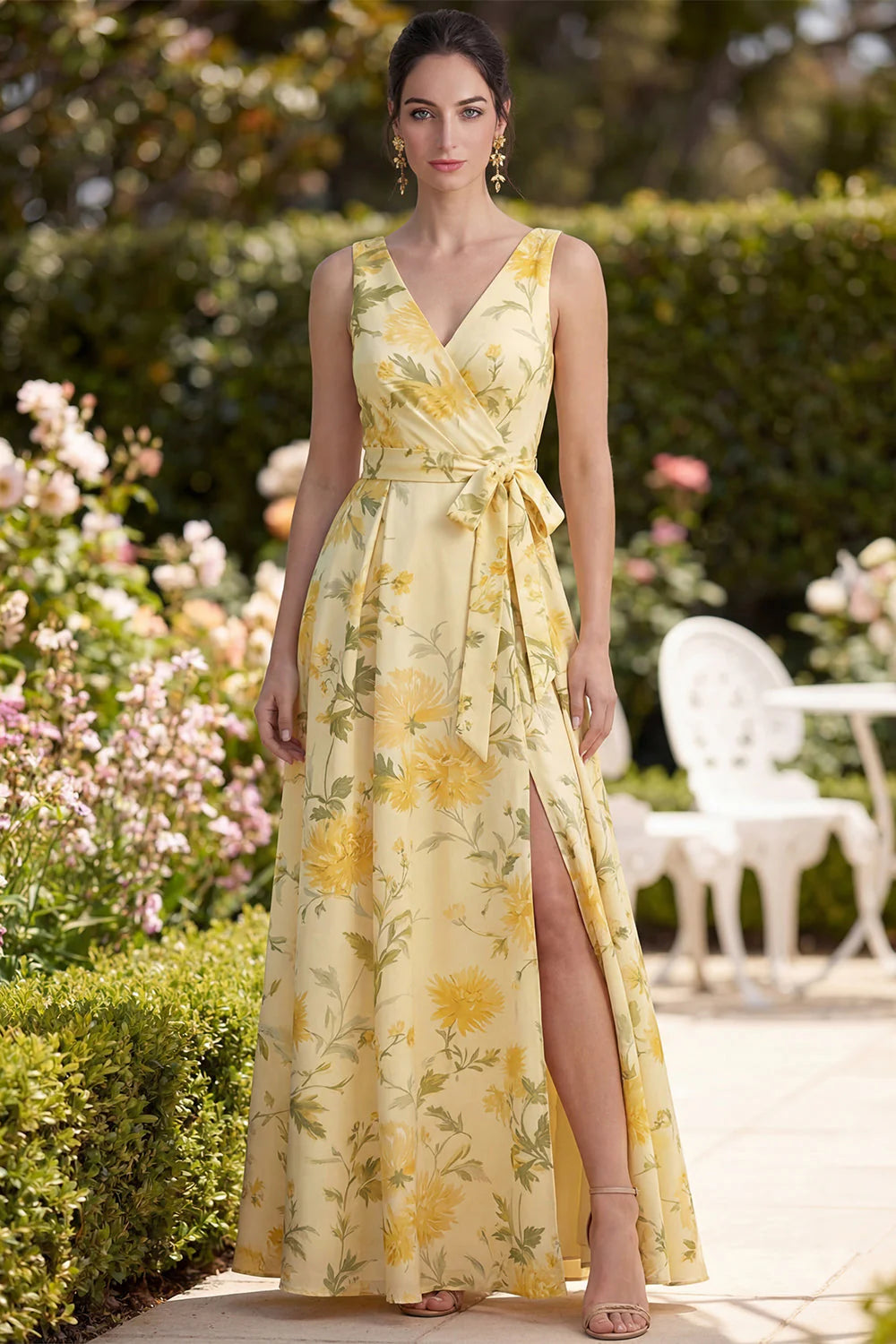 A Line Yellow V Neck Floral Wedding Guest Dress with Slit