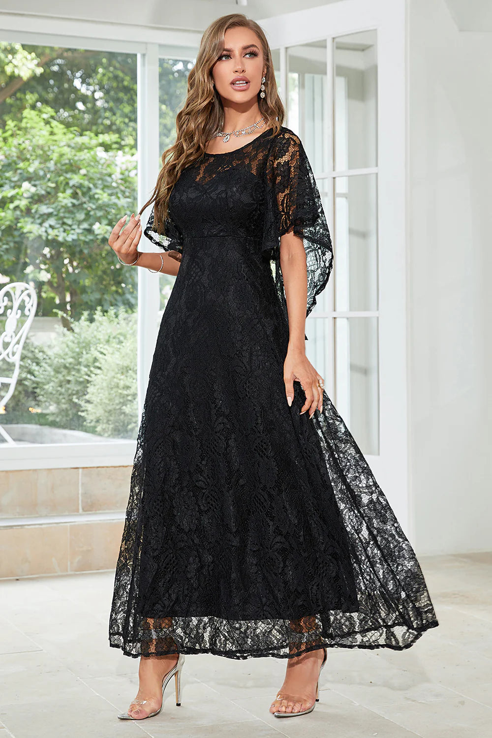 Elegant A Line Round Neck Floor Length Lace Dusty Rose Evening Dress