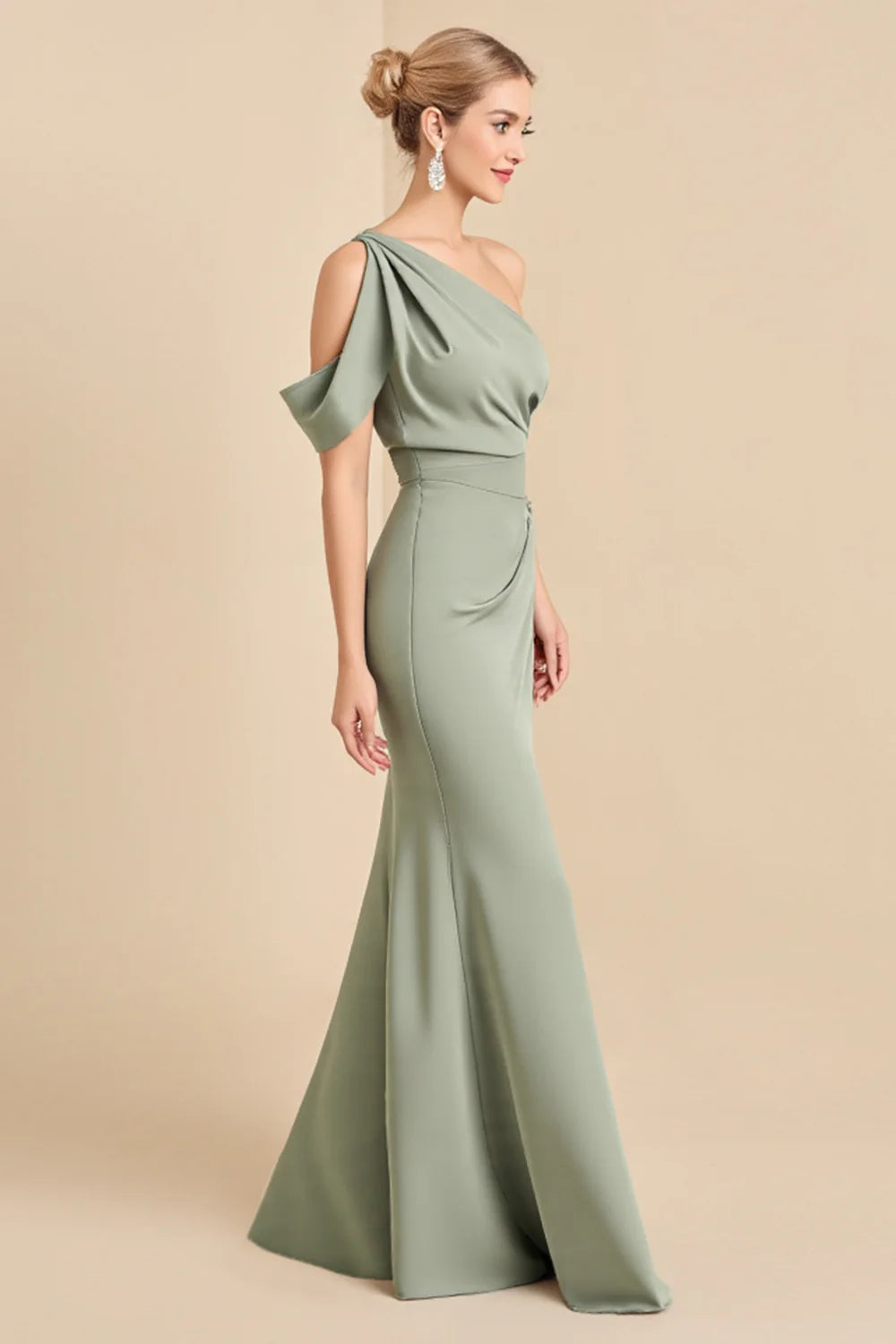 Matcha Sheath One Shoulder Chiffon Ruched Bridesmaid Dress