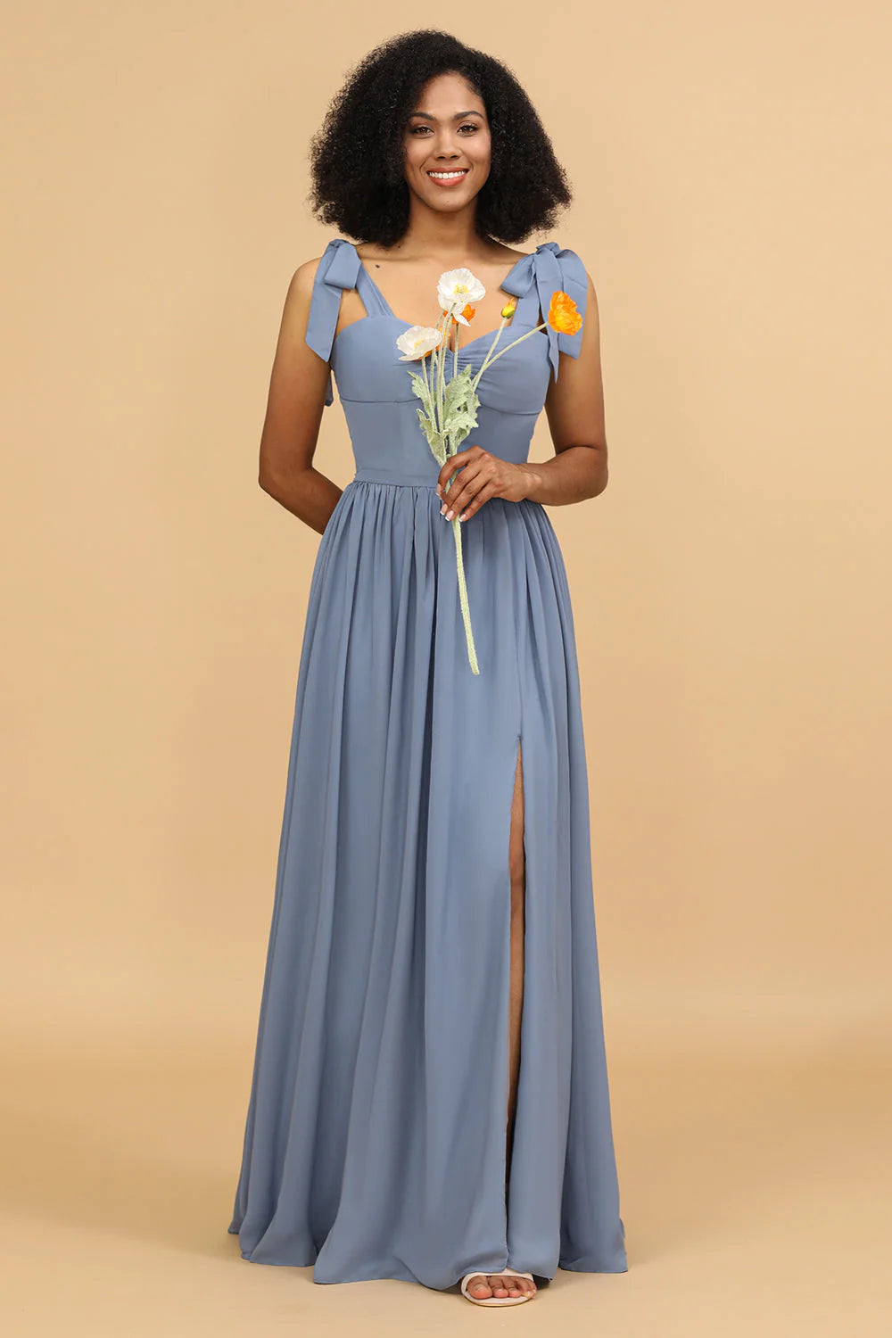 Grey Blue A Line Floor Length Chiffon Bridesmaid Dress with Slit