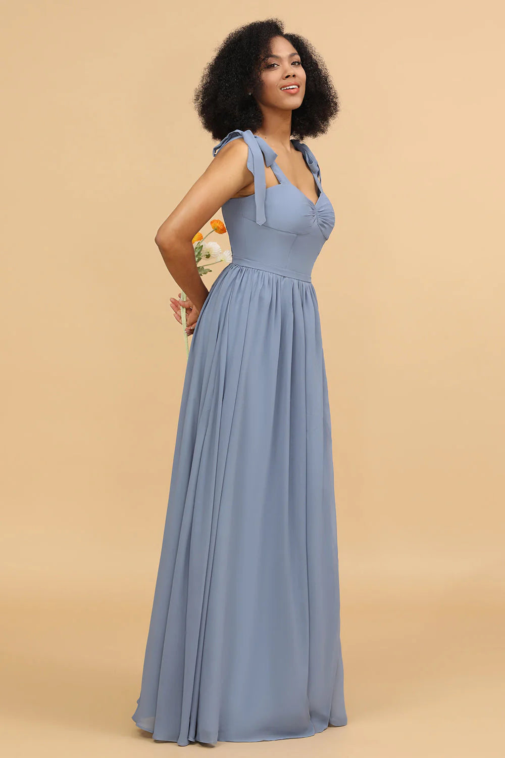 Grey Blue A Line Floor Length Chiffon Bridesmaid Dress with Slit