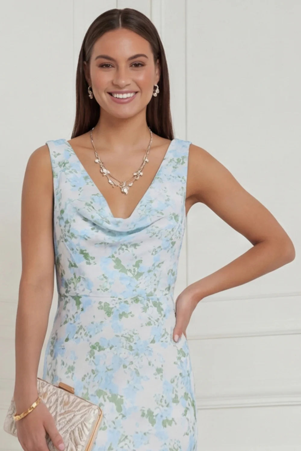 Floral Printed Blue White V Neck Mermaid Long Bridesmaid Dress
