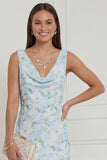 Floral Printed Blue White V Neck Mermaid Long Bridesmaid Dress