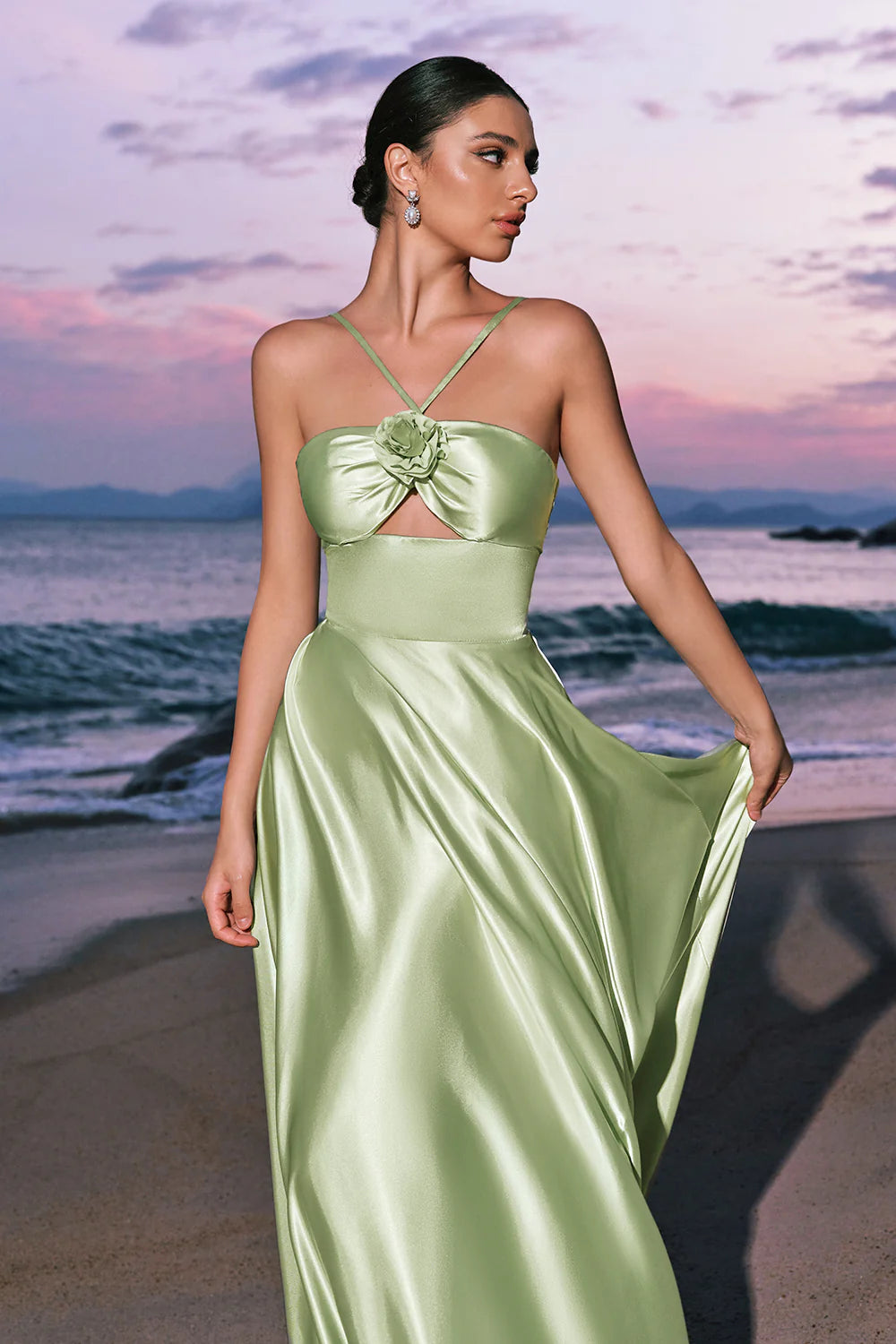 Light Green A Line Halter Satin Hollow Out Long Bridesmaid Dress with Flower