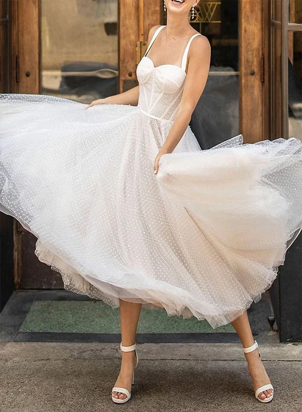 A Line Sweetheart Sleeveless Tulle Tea Length Wedding Dresses With Pleated