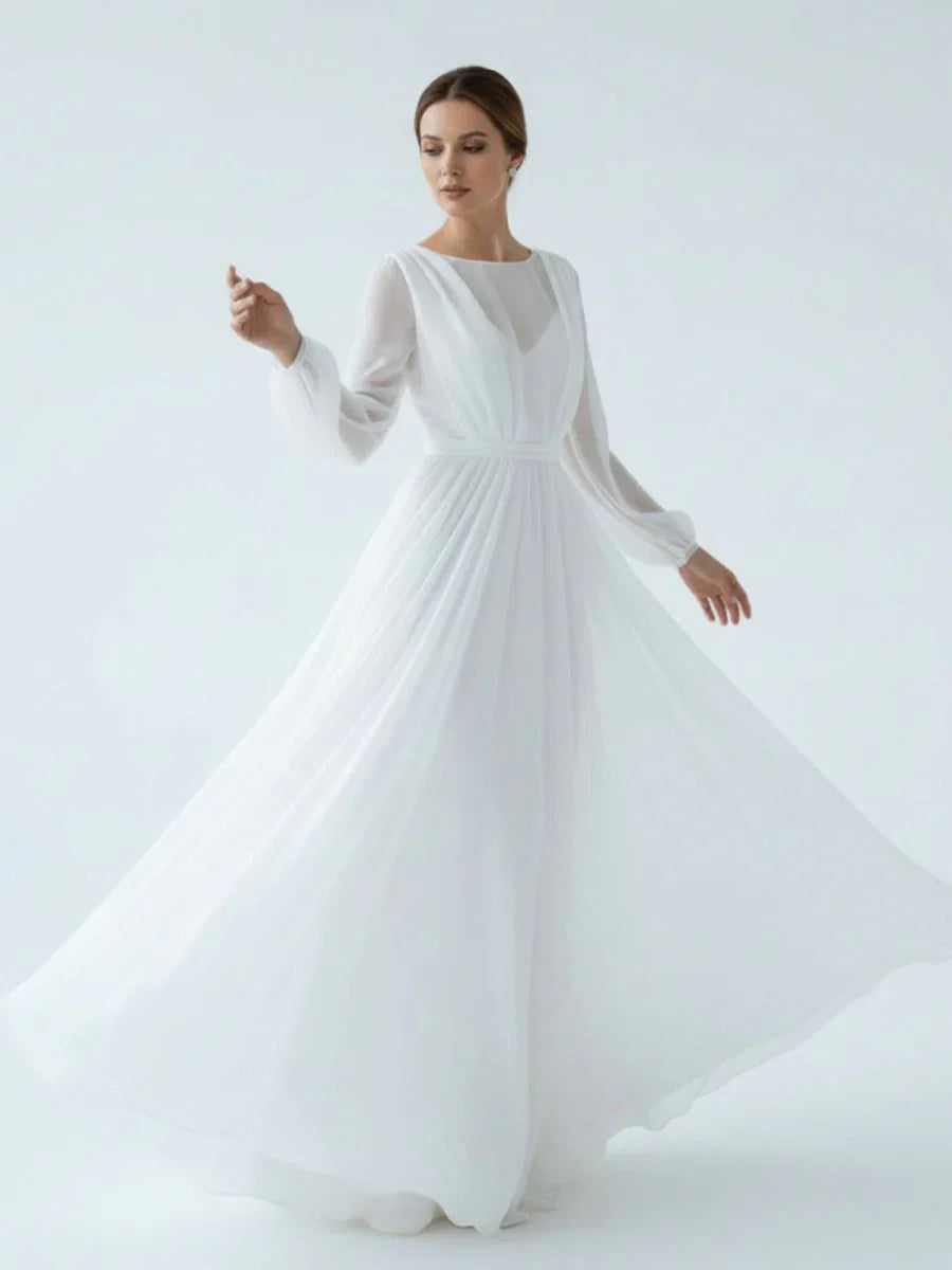 A Line Illusion Neck Long Sleeves Sweep Train Organza Wedding Dresses