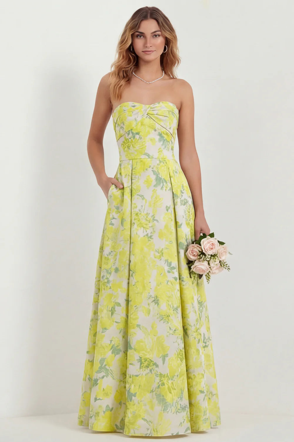 Light Blue Floral Sweetheart A Line Printed Maxi Dress with Pockets