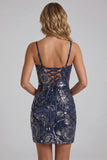 Navy Bodycon Sequin Embroidered Short Homecoming Dress