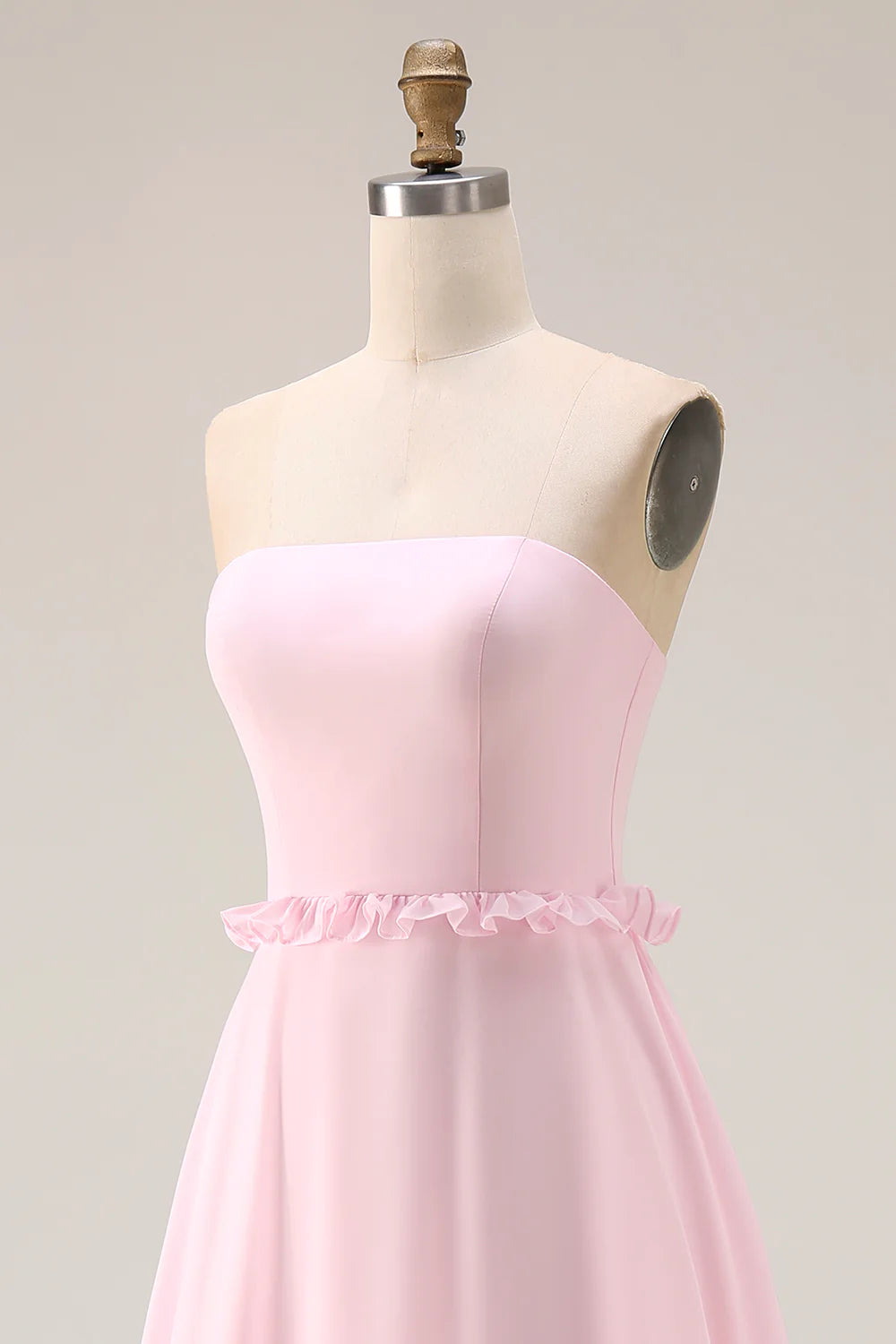 Blushing Pink A Line Strapless Chiffon Long Bridesmaid Dress with Slit