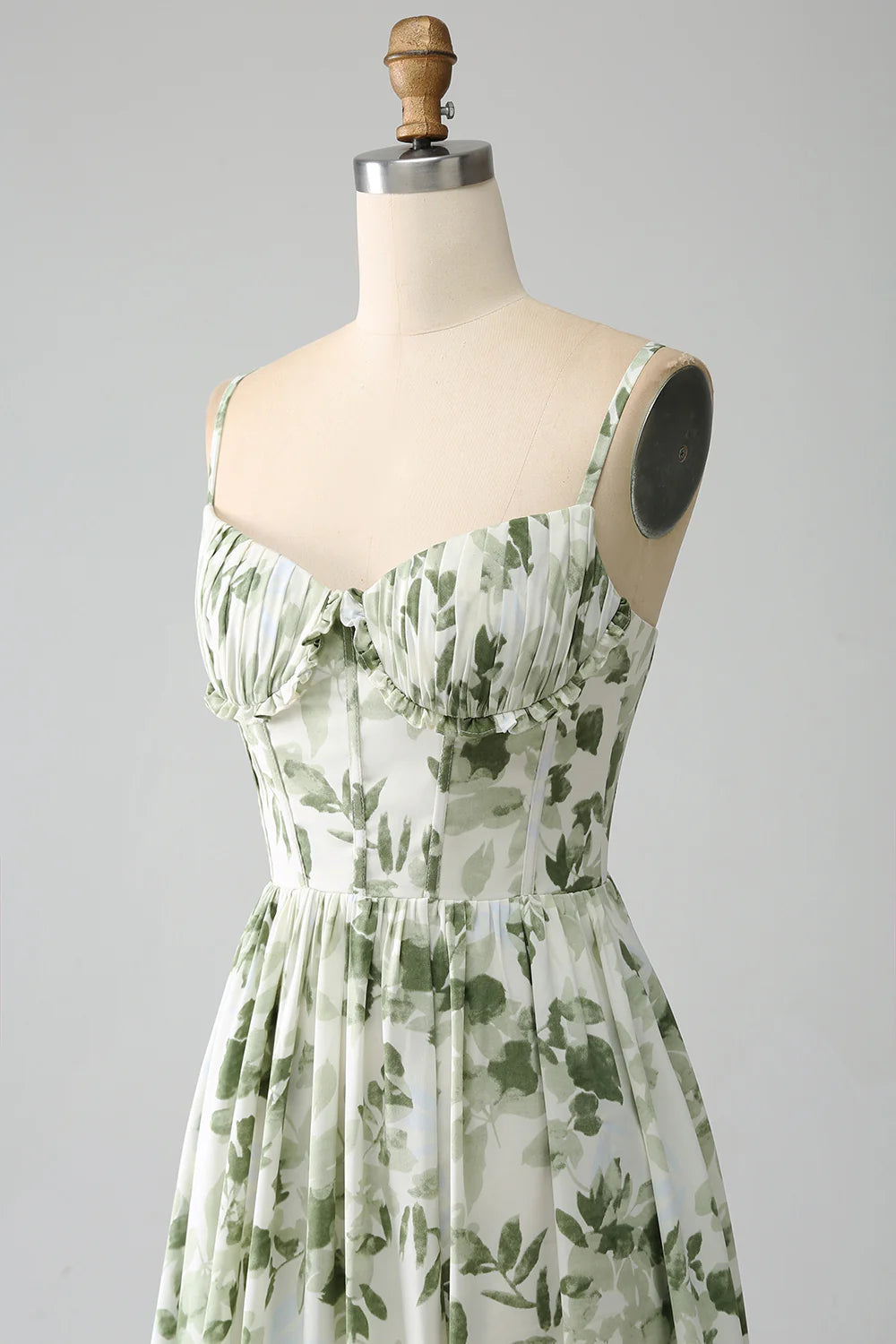 Green A Line Spaghetti Straps Printed Floral Maxi Dress With Slit