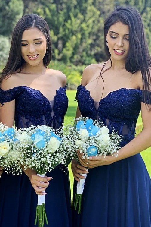 Indigo Lace Off the Shoulder A Line Long Bridesmaid Dress