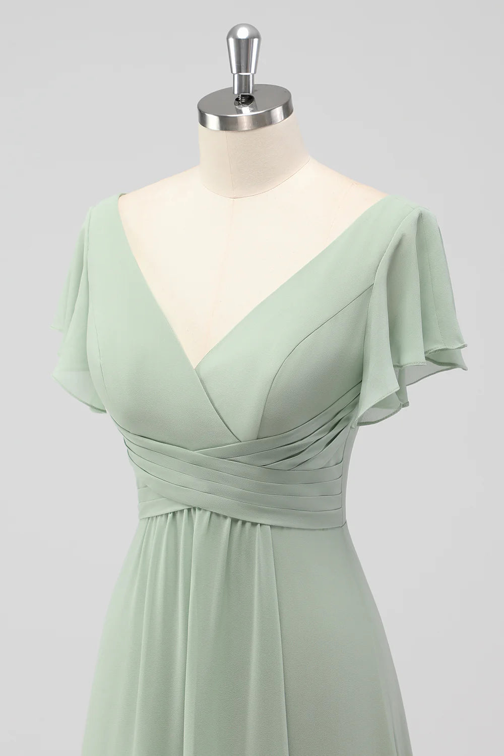 Sage Green A Line V Neck Chiffon Long Bridesmaid Dress with Slit