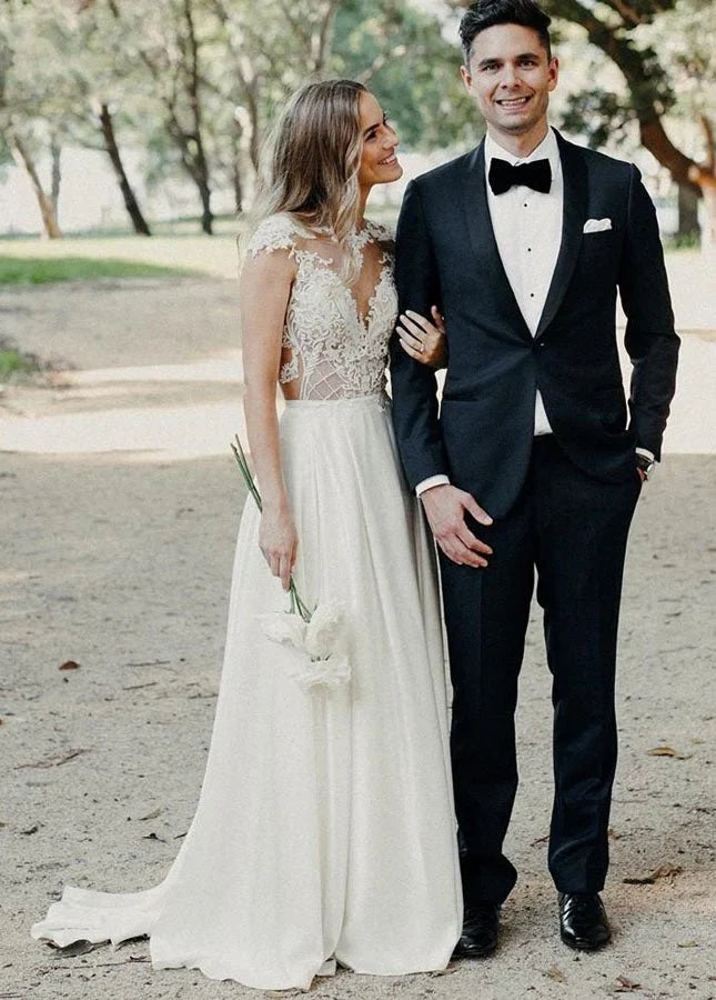 A Line Cap Sleeve Long Backless Wedding Dresses with Appliques