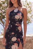 Mermaid Black Floral Wedding Guest Dress with Slit