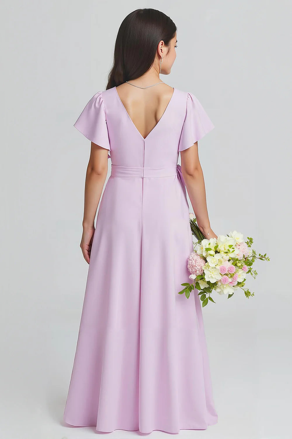 Purple A Line Chiffon V Neck Junior Bridesmaid Dress