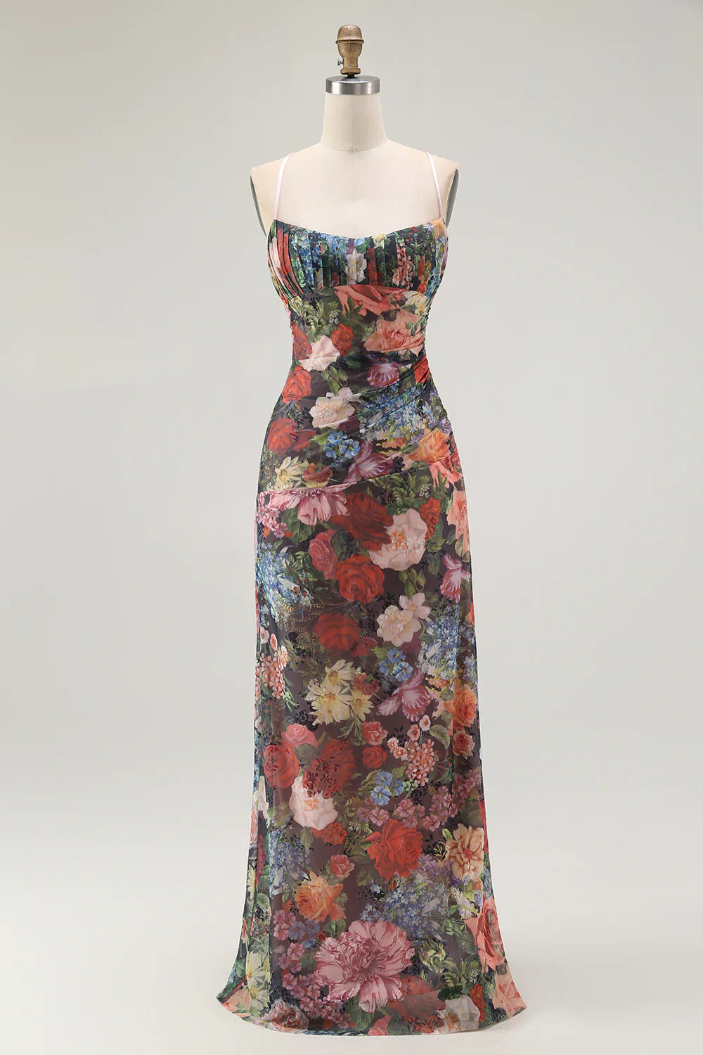 Black Flower Sheath Spaghetti Straps Print Maxi Dress with Lace Up Back