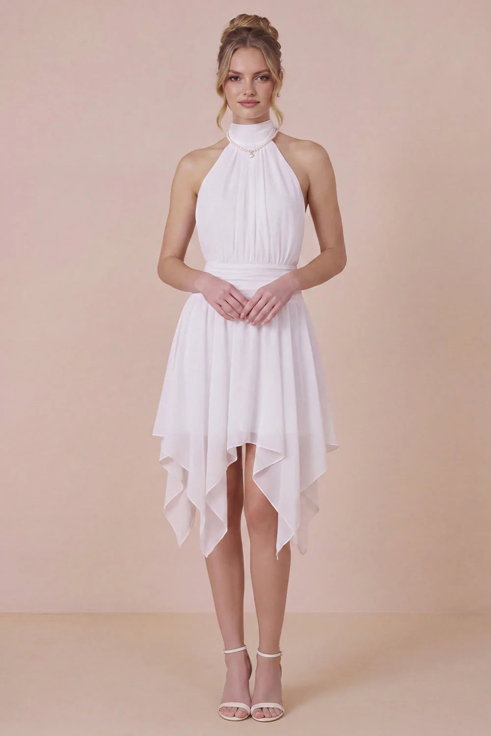 Ruffled Halter White Graduation Dress with Lace up Back
