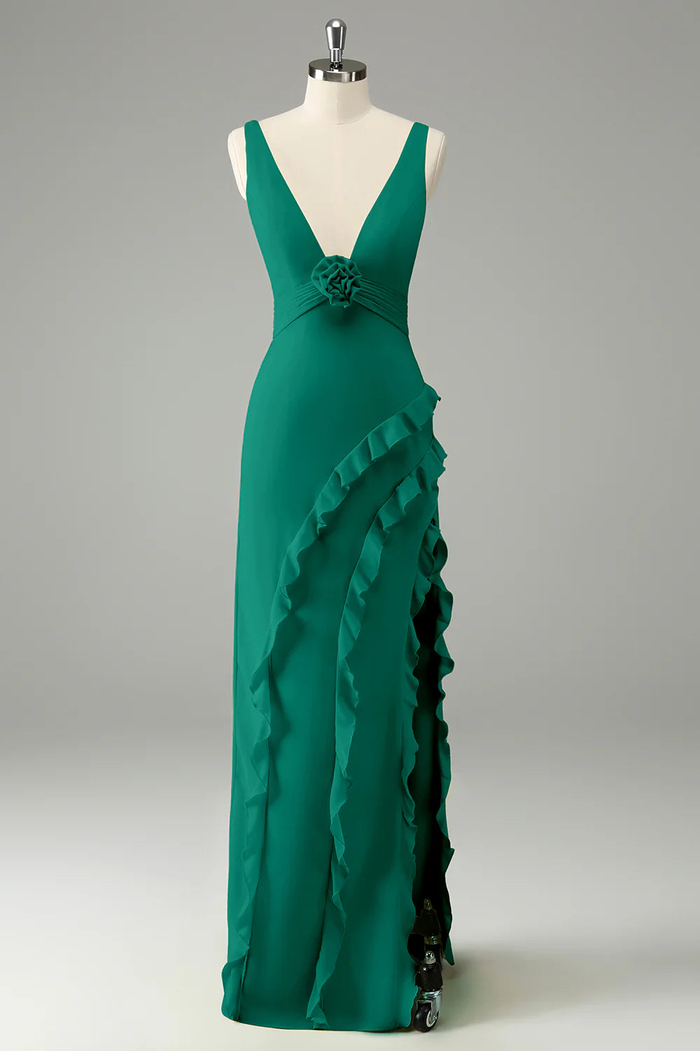 Lime A Line V Neck Floral Ruffle Open Back Bridesmaid Dress with Slit