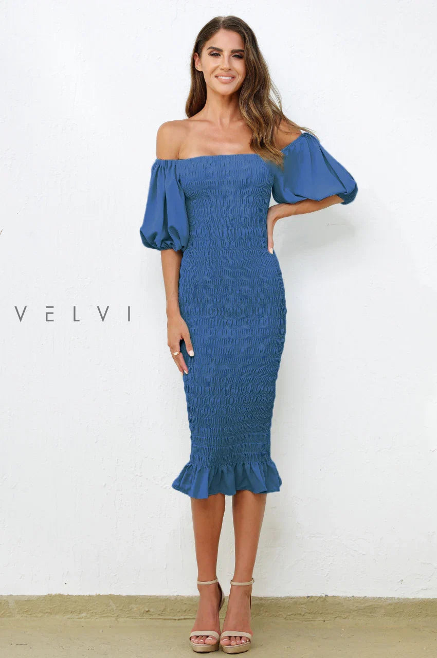 Skyla Shirred Midi Dress Navy