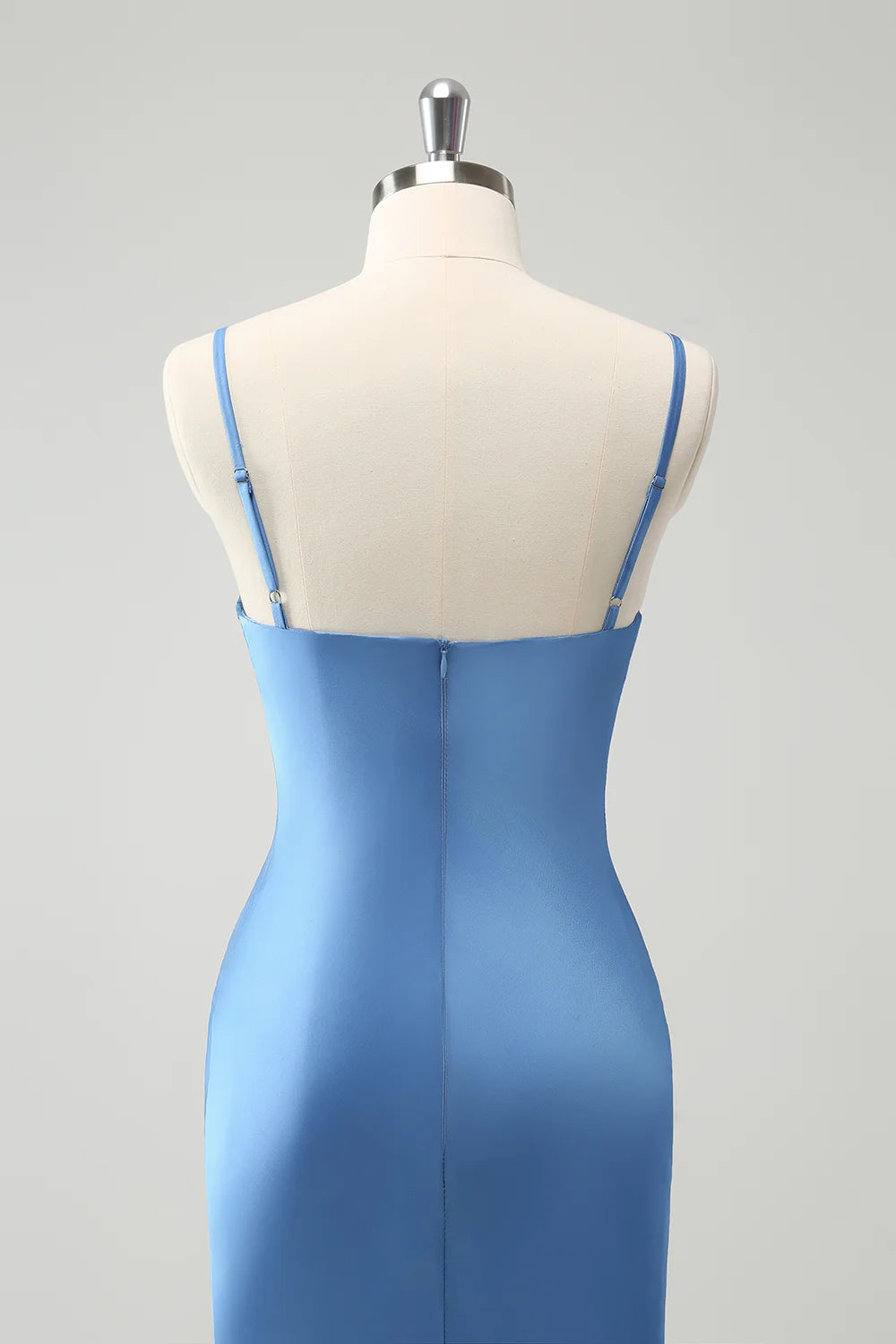 Blue Mermaid Spaghetti Straps Satin Bridesmaid Dress with Bow
