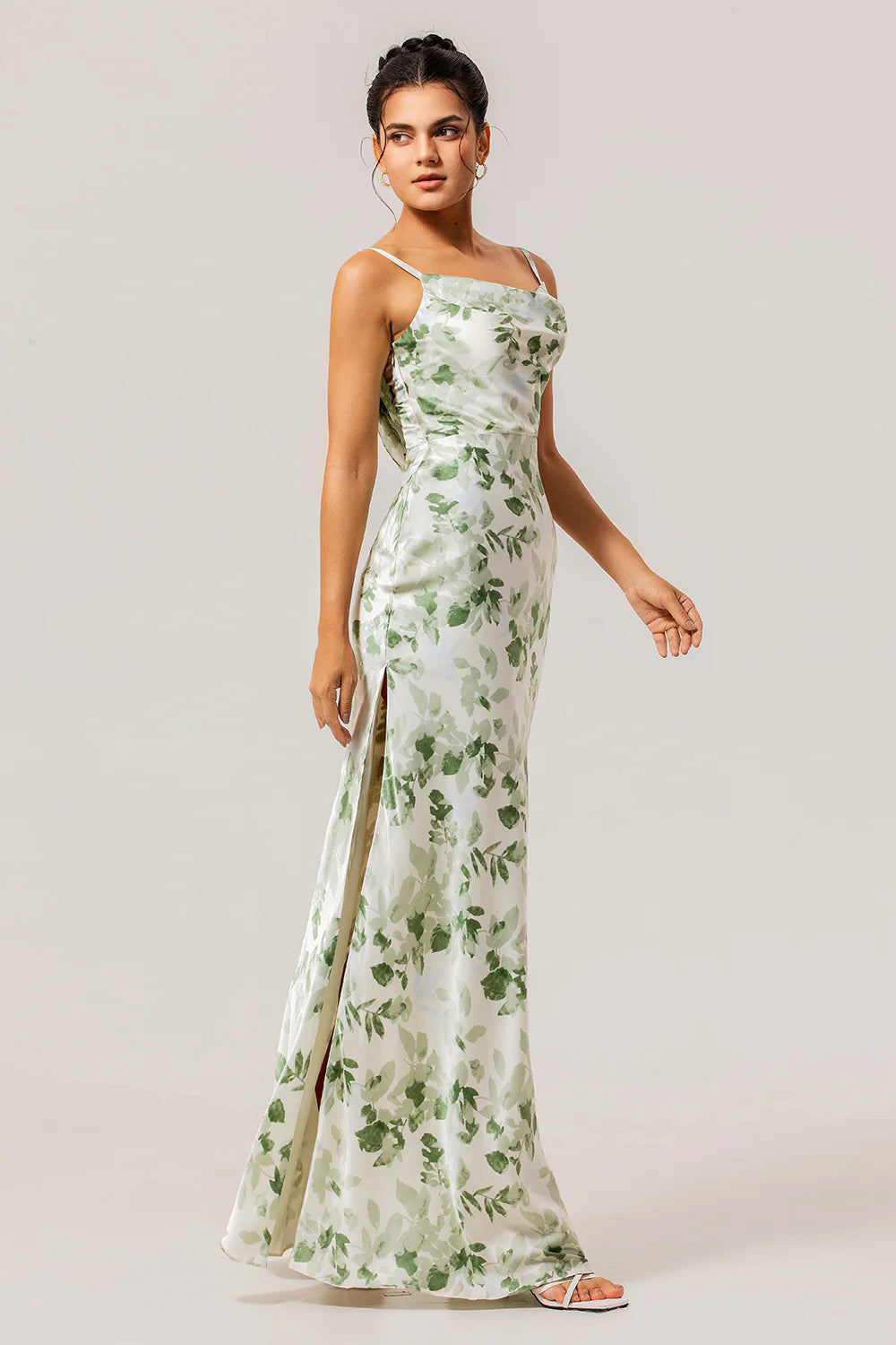 Green Flower Sheath Cowl Neck Print Open Back Long Bridesmaid Dress with Slit