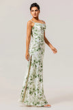 Green Flower Sheath Cowl Neck Print Open Back Long Bridesmaid Dress with Slit