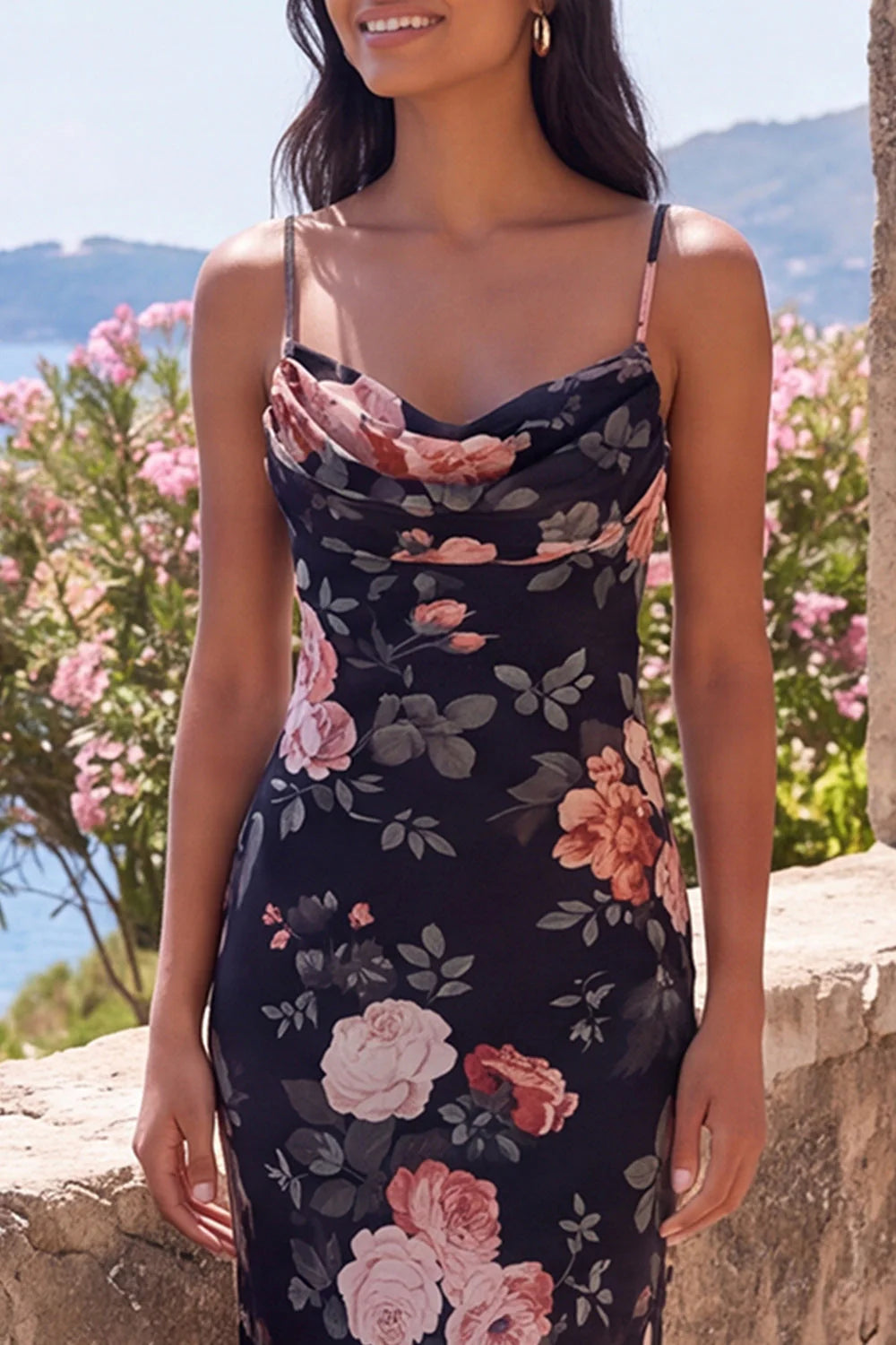 Black Mermaid Spaghetti Straps Floral Wedding Guest Dress