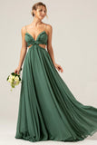 A Line Spaghetti Straps Backless Chiffon Eucalyptus Long Bridesmaid Dress