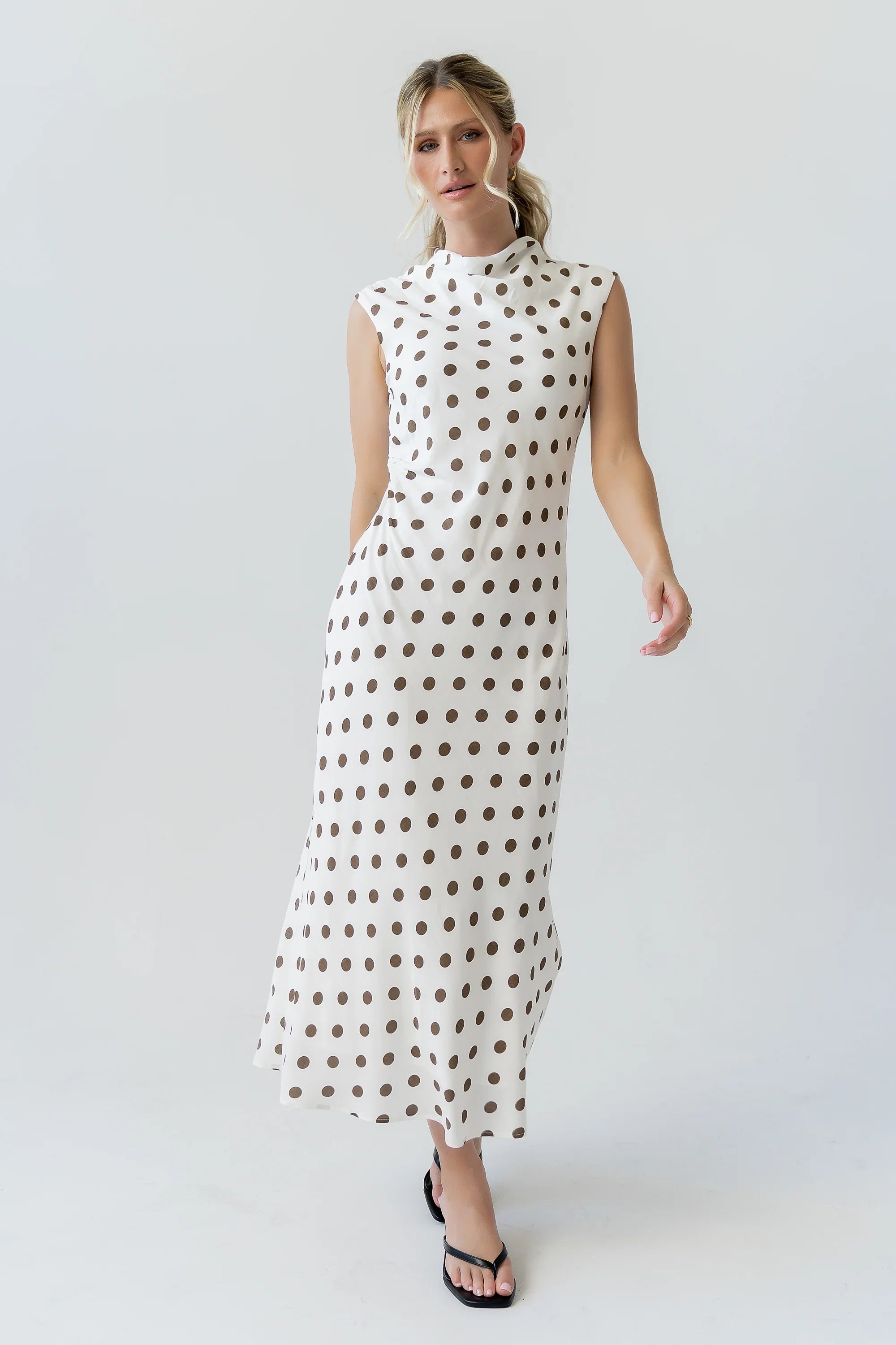 Tiffany Polka Dot Mock Neck Midi Dress