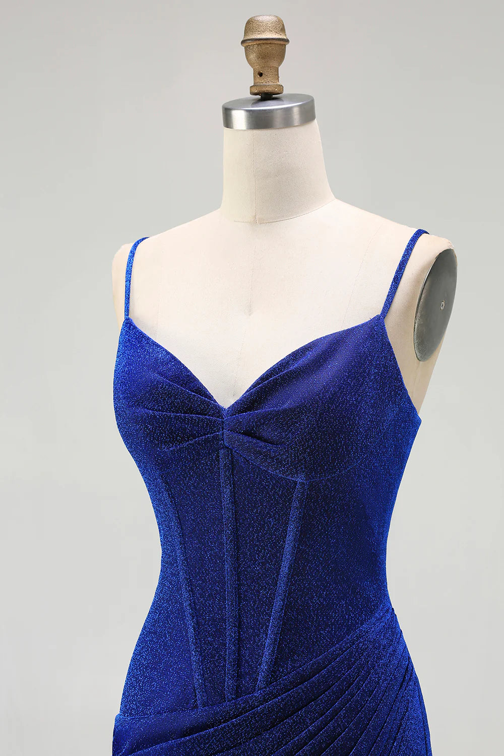 Glitter Mermaid Corset Ruched Royal Blue Long Prom Dress with Slit