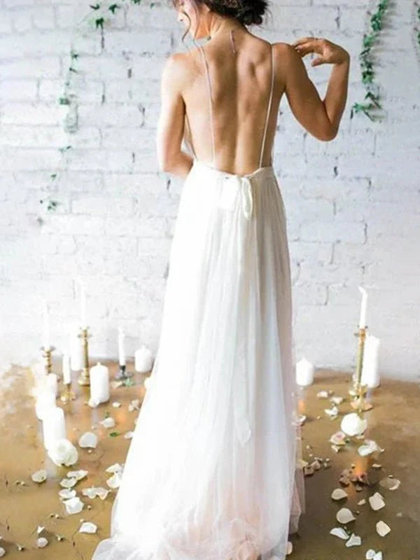 A Line V Neck Straps Spaghetti Sheath Chiffon Wedding Dress