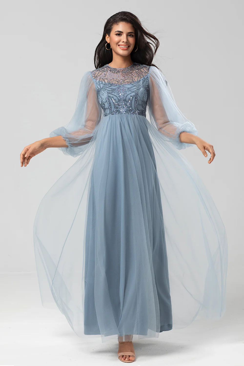 A Line Tulle Beaded Dusty Blue Bridesmaid Dress With Long Sleeves