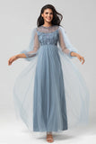 A Line Tulle Beaded Dusty Blue Bridesmaid Dress With Long Sleeves