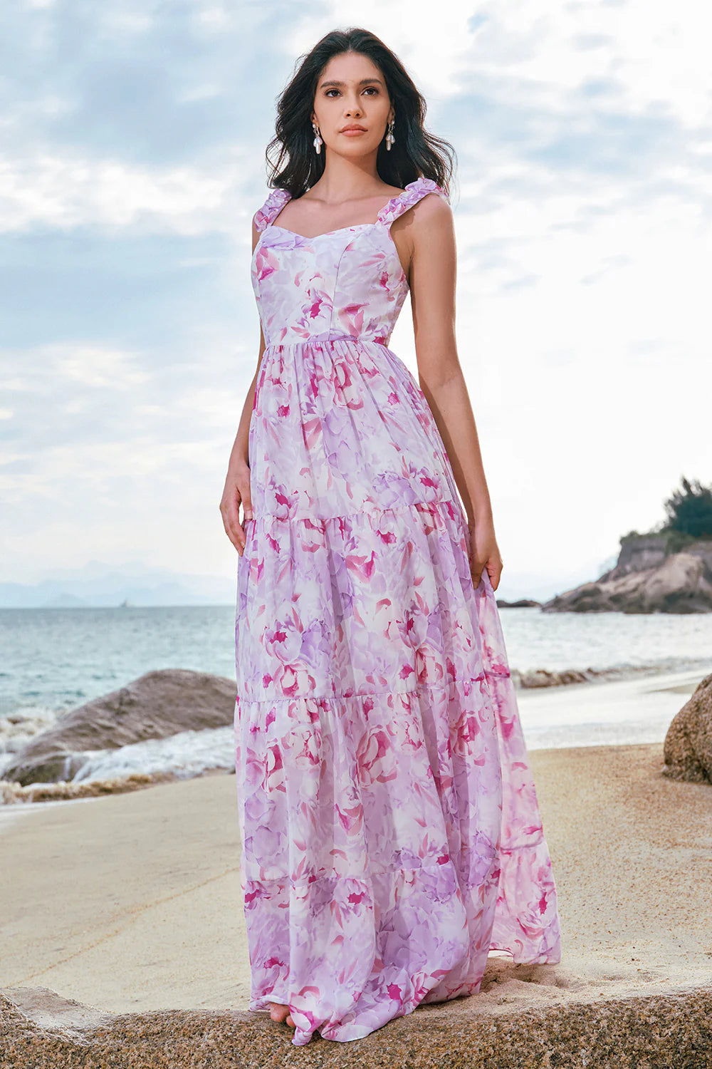 Stylish Grey Purple A Line Square Neck Print Floral Long Bridesmaid Dress with Lace Up Back
