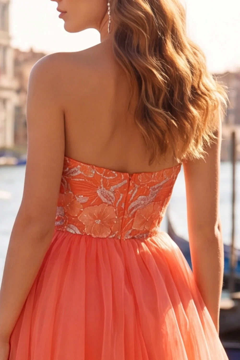 Orange Embroidered A Line Strapless Short Homecoming Dress