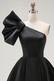 Black A Line Satin One Shoulder Mini Cocktail Dress