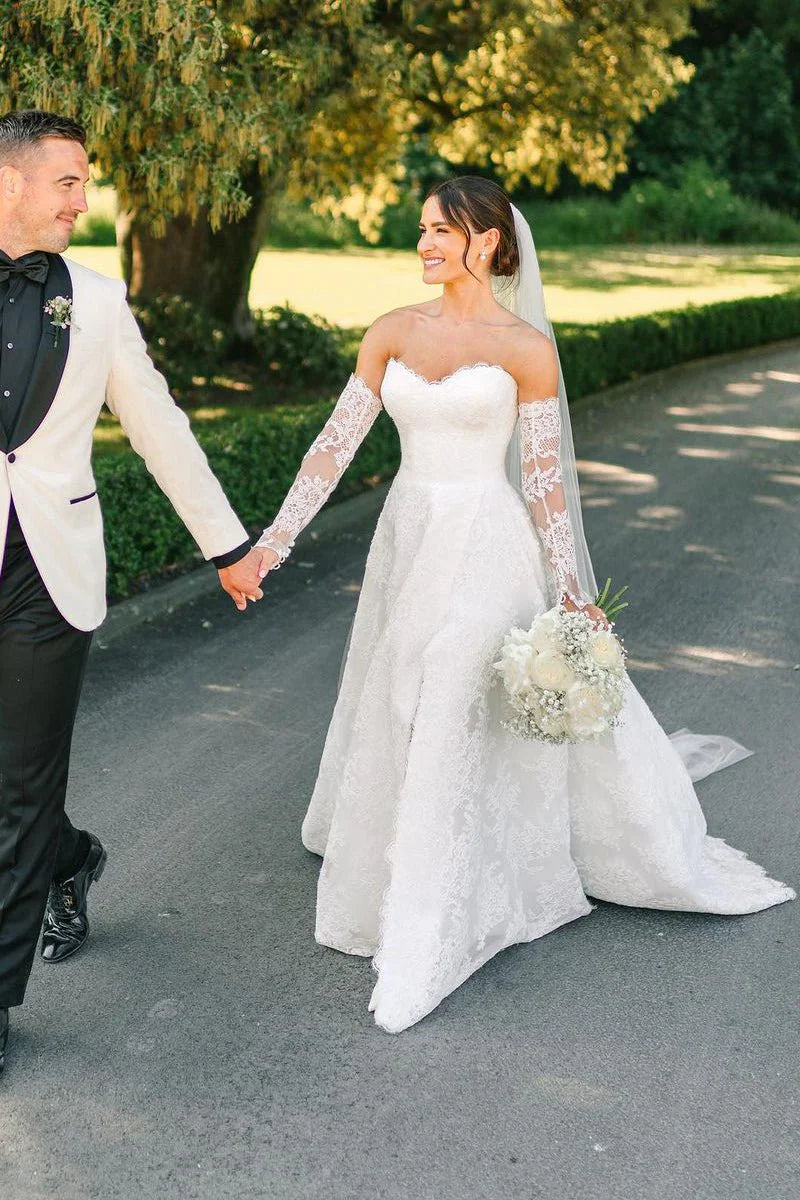 Vintage A Line Sweetheart White Lace Wedding Dresses with Slit