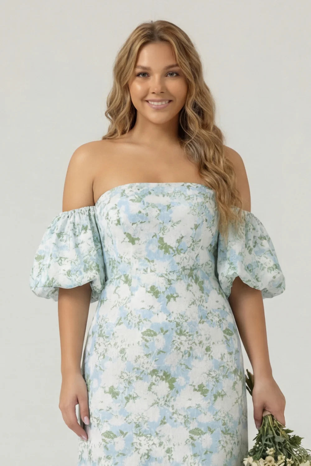 Blue White Flower Mermaid Strapless Satin Plus Size Bridesmaid Dress with Removable Sleeves