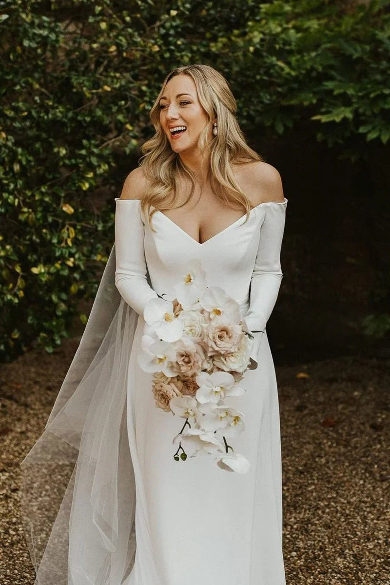 Simple A Line Off the Shoulder Long Sleeves White Satin Wedding Dresses