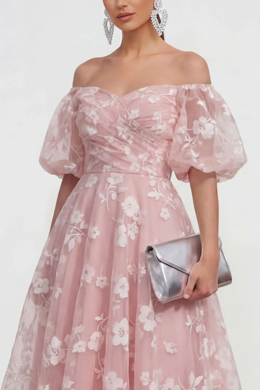 Off the Shoulder Floral Lilac Ruched A Line Wedding Guest Dress