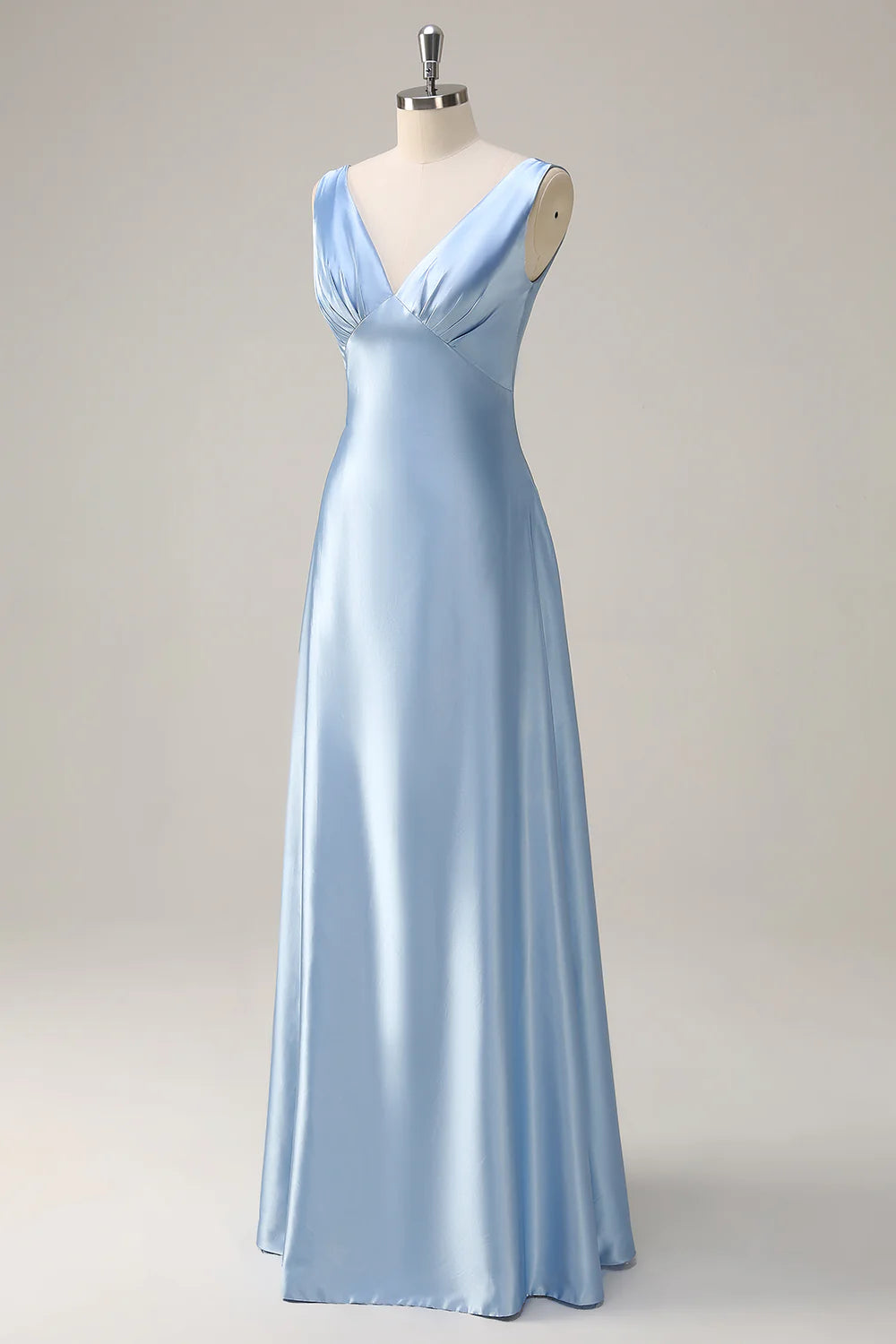 Sky Blue A Line V Neck Ruched Long Bridesmaid Dress