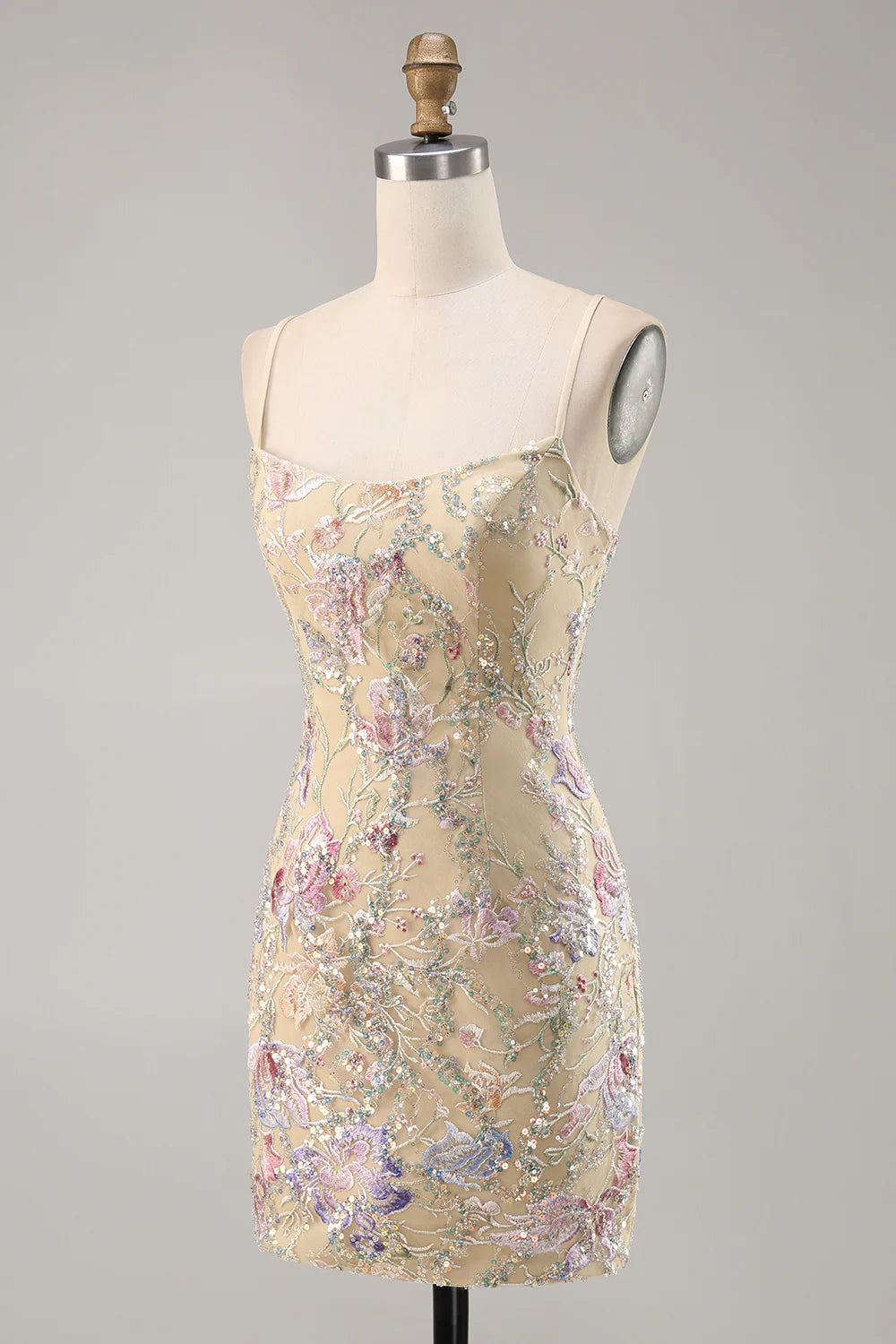Apricot Spaghetti Straps Bodycon Sequins Homecoming Dress