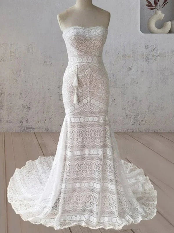 Vintage White Mermaid Lace Wedding Dress with Tassel