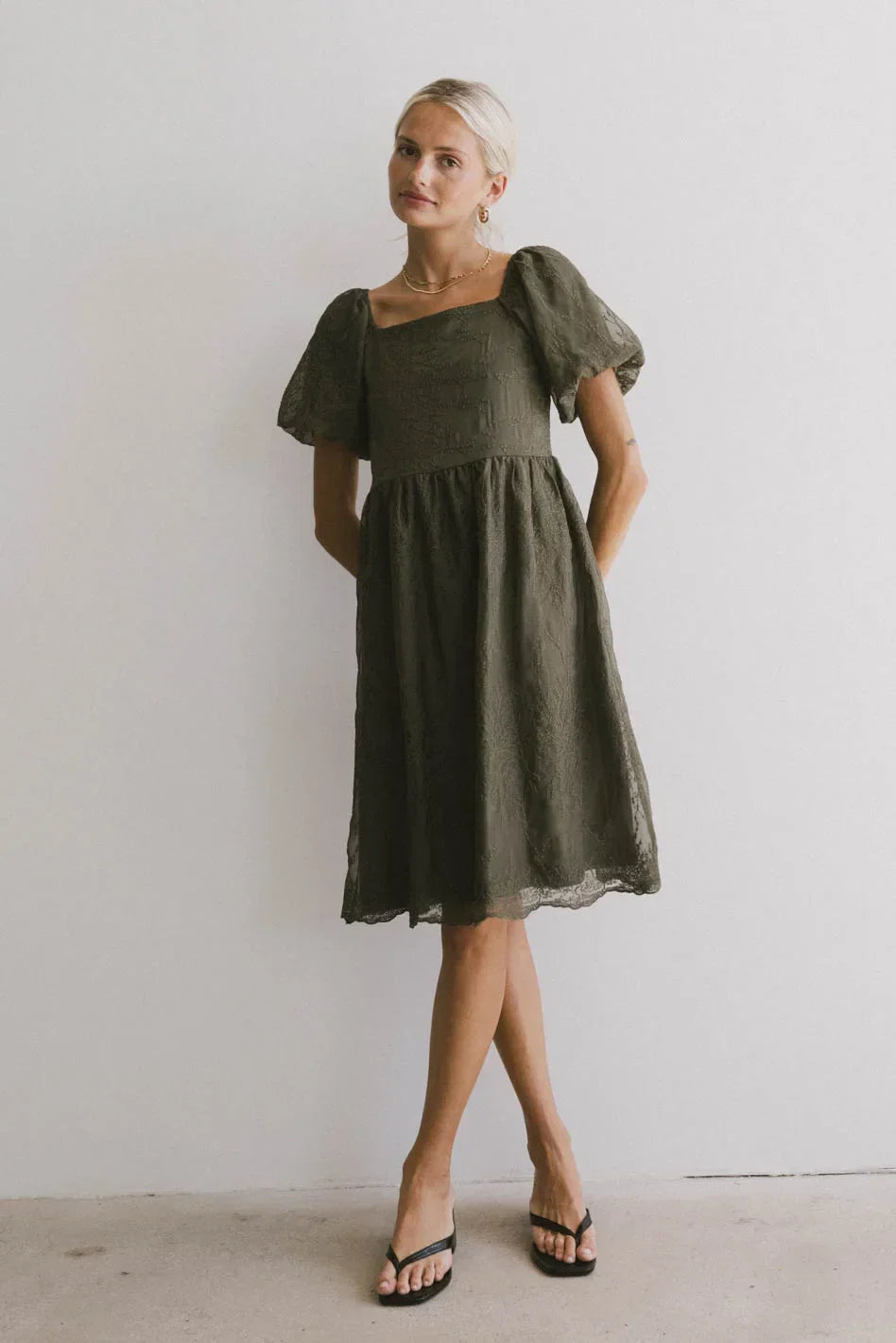 Karrie Embroidered Midi Dress in Olive FINAL SALE