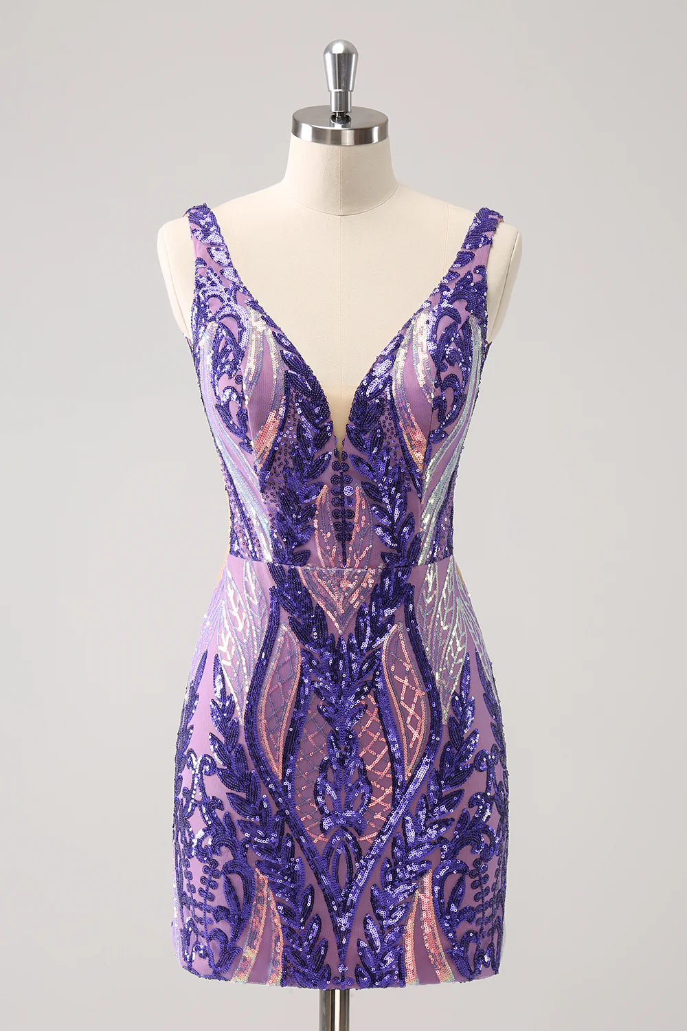 Sparkly Fuchsia Bodycon V Neck Backless Short Homecoming Dress with Sequins